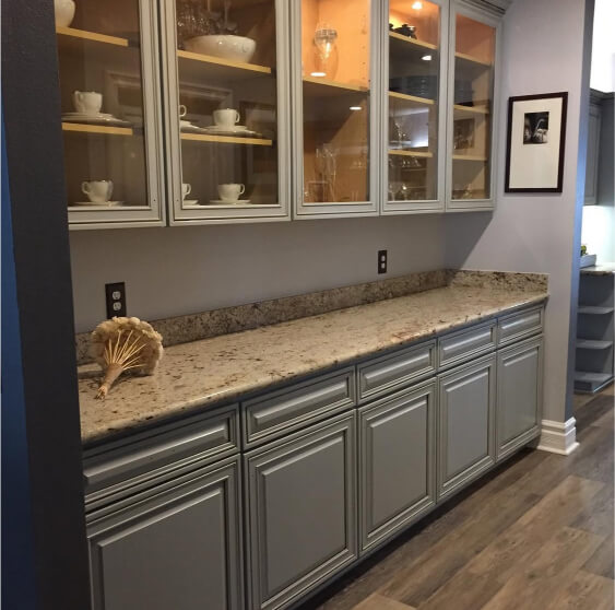 Repose Gray looks green on cabinets in a butler's pantry