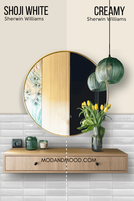 Sherwin Williams Creamy on half of a wall compared to Shoji White on the other half behind a round mirror and a floating wood vanity.