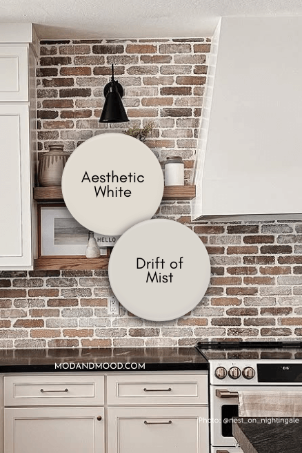 Swatches of Drift of mist and aesthetic white over a brick backsplash in a kitchen
