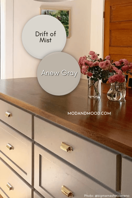 Swatches of Drift of Mist and Anew Gray over Anew Gray on a kitchen island.