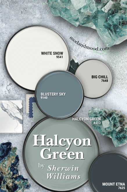 Sherwin Williams Halcyon Green color palette features the color with White Snow, Big Chill, Blustery Sky, and Mount Etna over a background of crystals and stones.