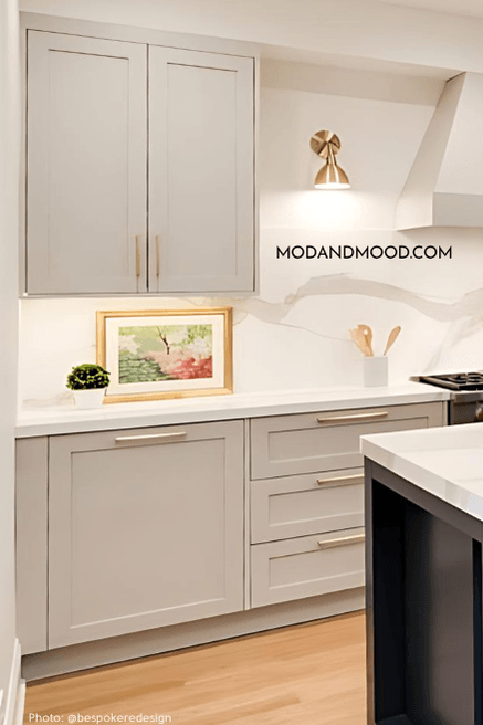 How Sherwin Williams High Sierra looks on kitchen cabinets, using Repose Gray.