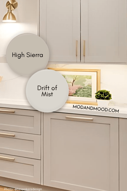 Sherwin Williams High Sierra and Drift of Mist swatched over kitchen cabinets that color match high sierra.