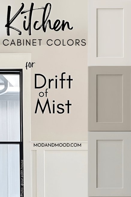 3 neutral kitchen cabinets on the right side of a graphic that reads "Kitchen cabinet colors for Drift of Mist" over a background photo of Drift of Mist walls and white wainscoting