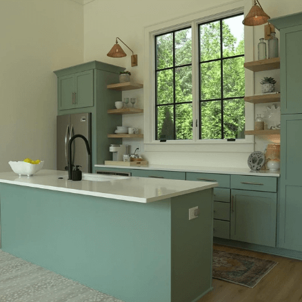 Sherwin Williams Halcyon Green in a creamy white kitchen