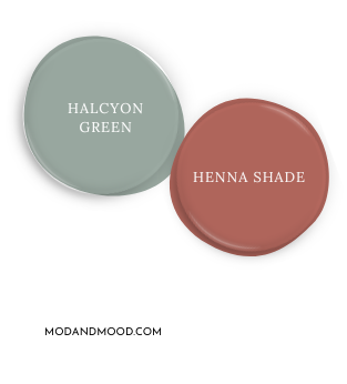 Sherwin Williams Halcyon Green swatched beside coordinating color Henna Shade