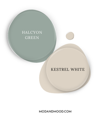 Sherwin Williams Halcyon Green swatched beside coordinating color Kestrel White