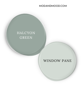 Sherwin Williams Halcyon Green swatched beside coordinating color Window Pane