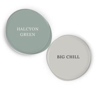 Sherwin Williams Halcyon Green swatched beside coordinating color Big Chill