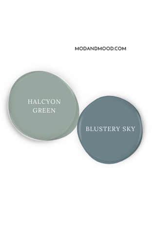Sherwin Williams Halcyon Green swatched beside coordinating color Blustery Sky