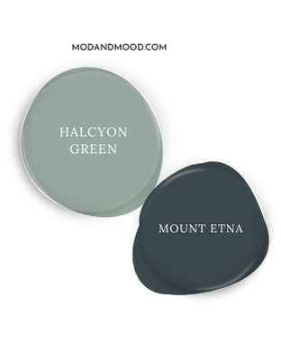 Sherwin Williams Halcyon Green swatched beside coordinating color Mount Etna