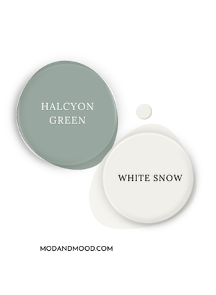 Sherwin Williams Halcyon Green swatched beside coordinating color White Snow