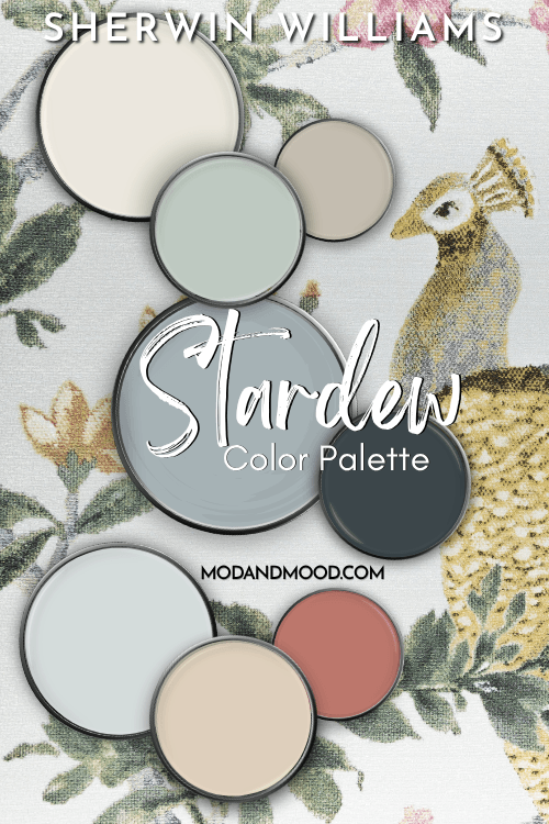 All 7 coordinating colors from the post swatched on paint lids around a larger swatch of Sherwin Williams Stardew.