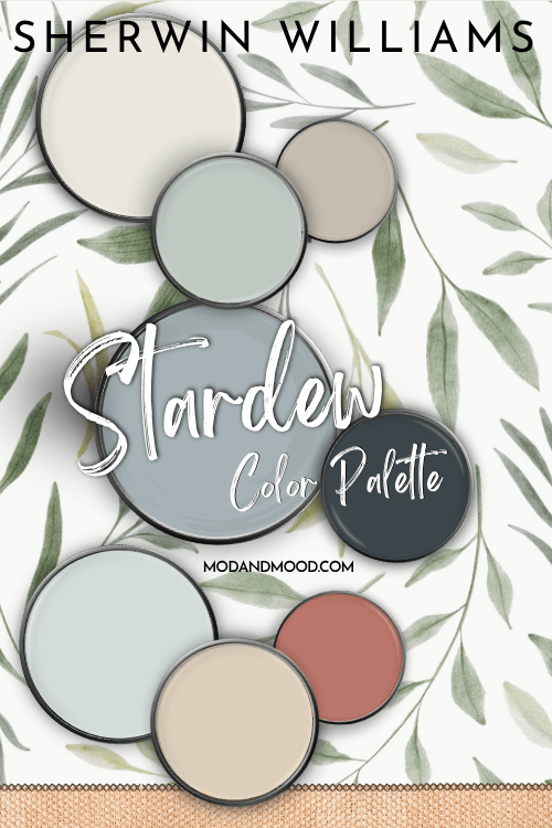 All 7 coordinating colors from the post swatched on paint lids around a larger swatch of Sherwin Williams Stardew.