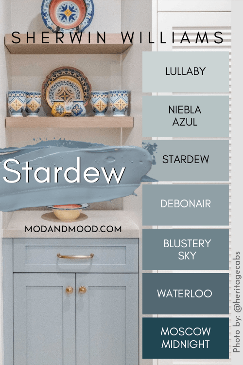 Sherwin Williams Stardew color strip features colors from light to dark: Lullaby, Niebla Azul, Stardew, Debonair, Bluster sky, Waterloo, and Moscow Midnight over a background of Stardew on kitchen cabinets.
