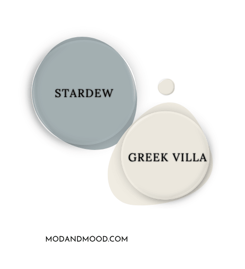 Sherwin Williams Stardew swatched as a paint dot beside coordinating color sherwin williams Greek Villa.