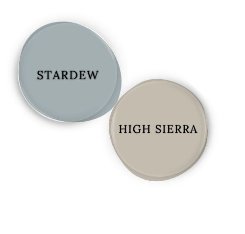 Sherwin Williams Stardew swatched as a paint dot beside coordinating color sherwin williams High sierra