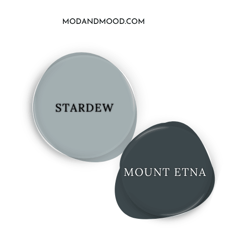 Sherwin Williams Stardew swatched as a paint dot beside coordinating color sherwin williams Mount Etna