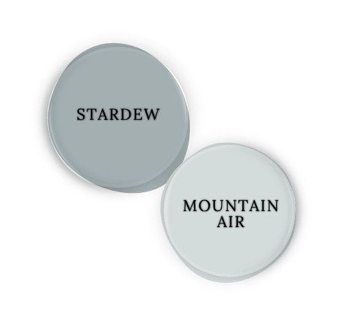 Sherwin Williams Stardew swatched as a paint dot beside coordinating color sherwin williams Mountain Air