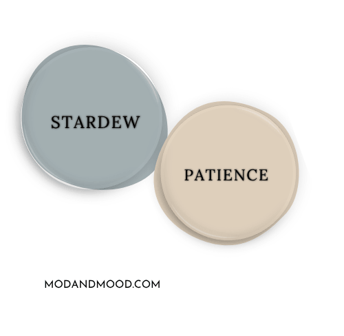 Sherwin Williams Stardew swatched as a paint dot beside coordinating color sherwin williams Patience
