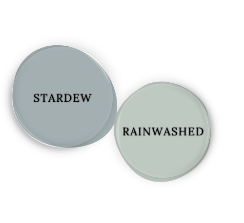 Sherwin Williams Stardew swatched as a paint dot beside coordinating color sherwin williams Rainwashed