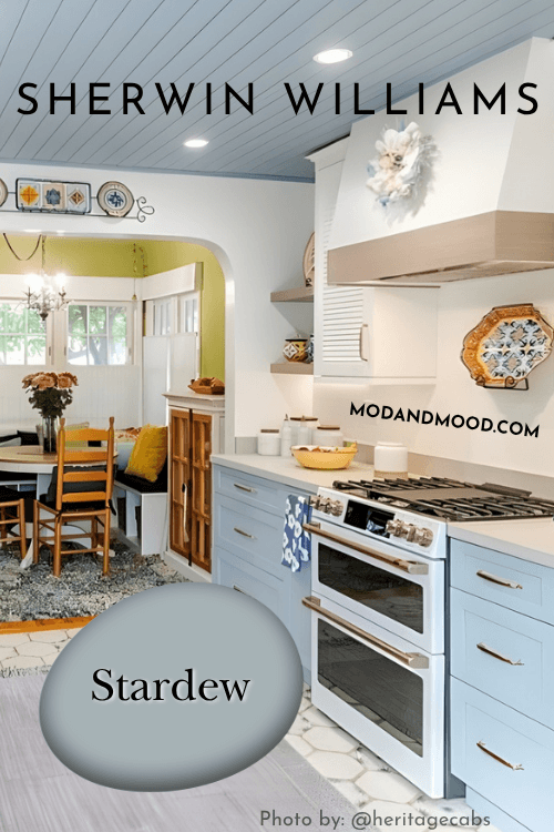 Sherwin Williams on a panelled ceiling and kitchen cabinets with cloud white walls.
