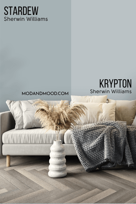 Sherwin Williams on half of a wall and Krypton on the other half behind a gray sofa.