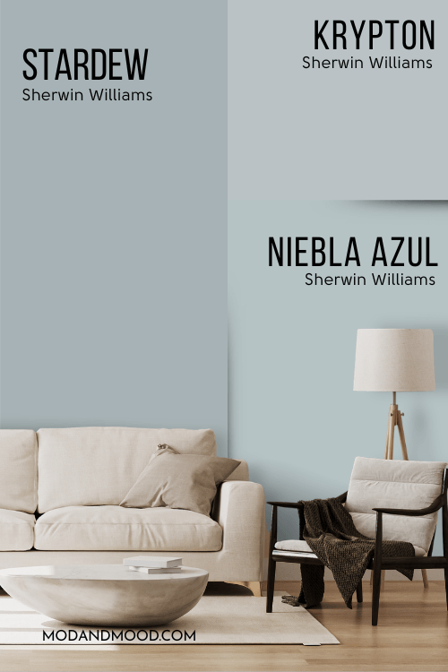 Sherwin Williams Krypton and Niebla Azul compared to Stardew on a living room wall.