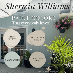 Graphic reads "Sherwin Williams paint colors that everybody loves." over a photo of Rainwashed on an exterior with swatches of Shoji white, Accessible Beige, Jogging Path, and Rainwashed.
