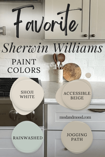Graphic reads "Favorite sherwin williams paint colors" with swatches of colors over a background of Jogging Path on kitchen cabinets