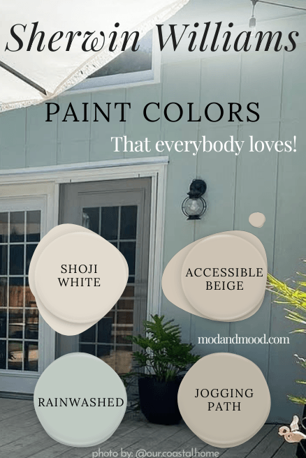 Graphic reads "Sherwin Williams paint colors that everybody loves." over a photo of Rainwashed on an exterior.