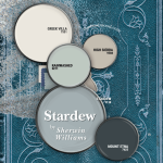 Sherwin Williams Stardew in a color palette with Sherwin Williams Greek Villa, Rainwashed, High Sierra, and Mount Etna, over a background of a tealy blue book cover.