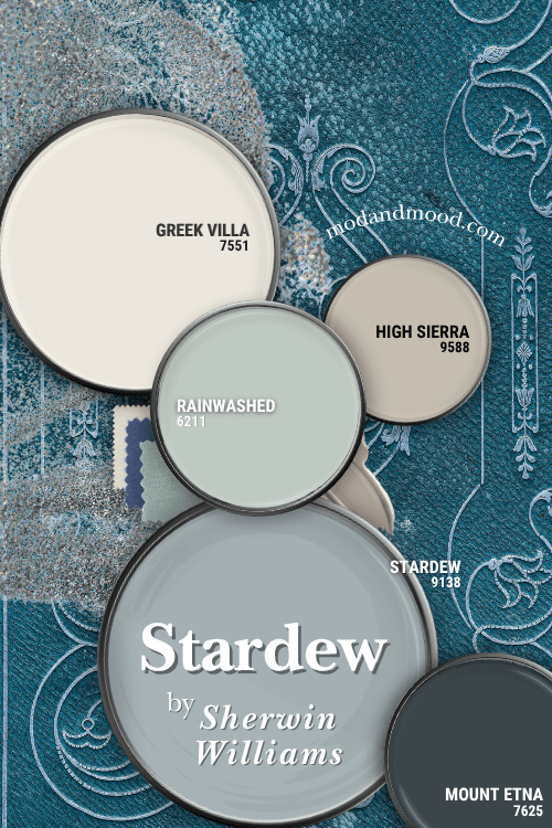 Sherwin Williams Stardew in a color palette with Sherwin Williams Greek Villa, Rainwashed, High Sierra, and Mount Etna, over a background of a tealy blue book cover.