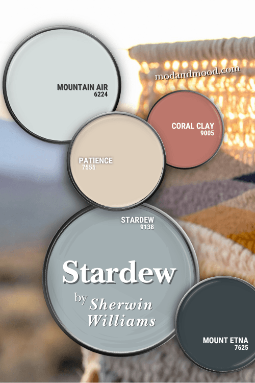 Color palette of the coordinating colors that sherwin williams recommends to pair with Stardew. All colors are swatched on paint lids around a larger lid of Stardew. Colors are patience, mountain air, coral clay, and Mount Etna.