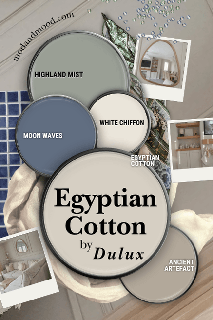 Dulux Egyptian Cotton in a palette with Dulux colors: Highland mist, Moon waves, White Chiffon, and Ancient Artefact over a background of scarves and polaroid pictures of the color.