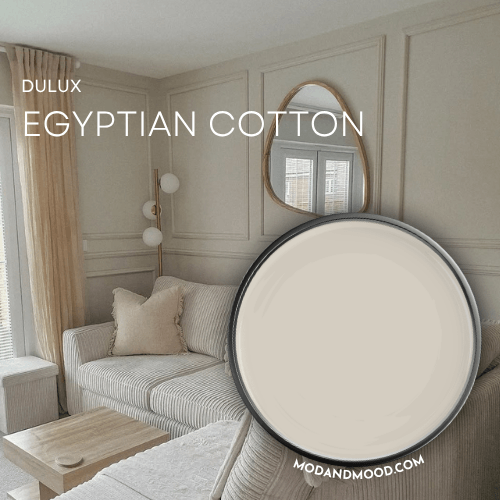 Dulux Egyptian Cotton swatched on a paint lid over a background of the color in a living room.