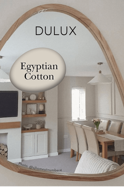 Swatch of Egyptian Cotton over a photo of the color on walls reflected in a mirror with Egyptian Cotton on the walls around the mirror as well.