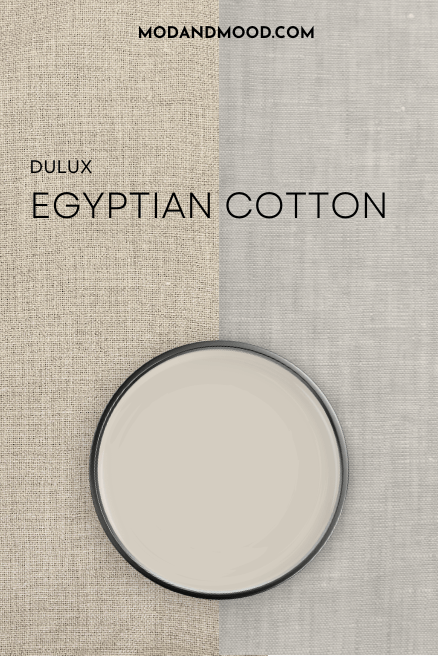 Dulux Egyptian Cotton on a paint lid over two pieces of linen. Warm beige linen on the left and gray linen on the right.