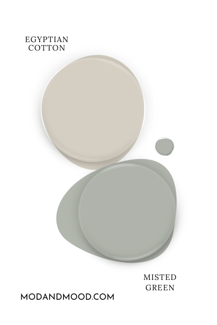 Benjamin Moore misted green as a paint dot beside the same of Egyptian Cotton
