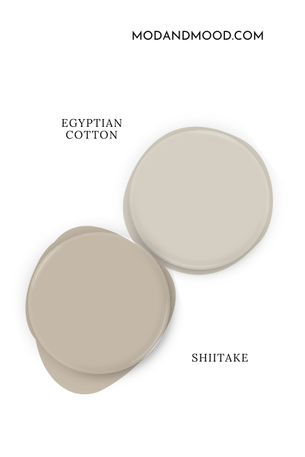 Sherwin Williams Shiitake swatched as a paint dot beside the same of Dulux Egyptian Cotton