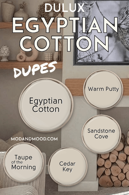 Dulux Egyptian Cotton swatched beside 4 dupes from other brands over a photo of the color on living room walls. Other colors are: Taupe of the Morning, Warm Putty, Cedar Key, and Sandstone Cove.