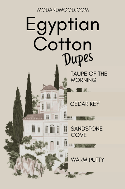 Dupes for Dulux Egyptian Cotton swatched over a background of Egyptian Cotton with an italian villa graphic in between the layers for contrast. Dupe swatches are Taupe of the morning, Cedar Key, Sandstone Cove, and Warm Putty.