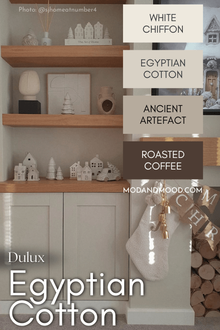 Dulux Egyptian Cotton with lighter and darker Dulux shades White Chiffon, Ancient Artefact, and Roasted Coffee, over a photo of the color on built in cabinets in a living room with floating wooden shelves.