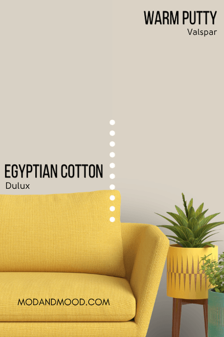 Valspar Warm Putty beside Egyptian Cotton on half of a wall behind a mustard sofa and a potted plant.