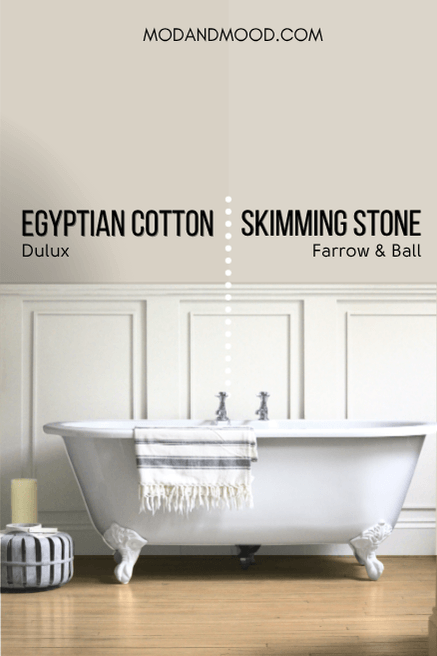 Dulux Egyptian Cotton on half of a wall and Farrow & Ball Skimming stone on the other half behind white board and batten in a bathroom behind a clawfoot tub.