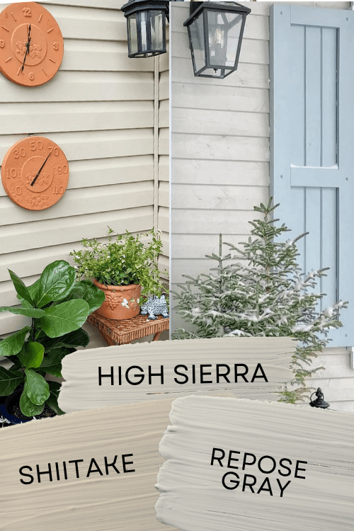 Sherwin Williams Shiitake on an exterior beside Repose Gray on an exterior with High Sierra swatched in between.