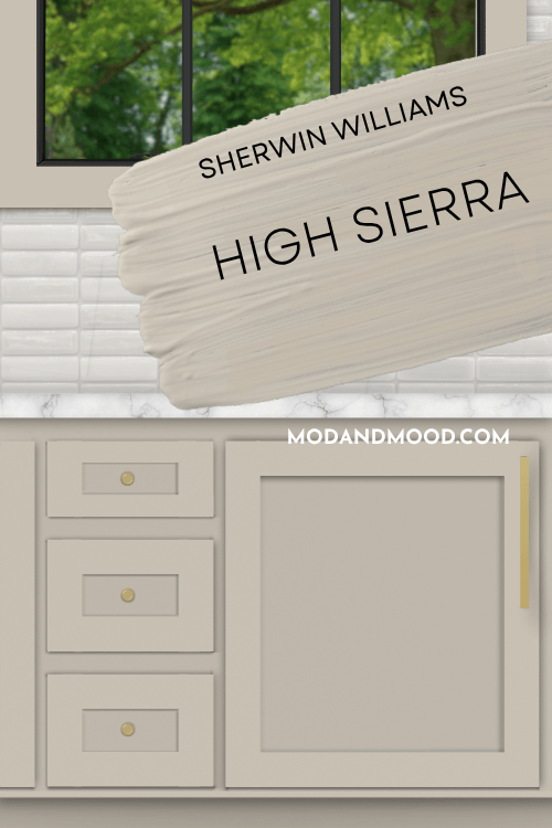Sherwin Williams High Sierra swatched as paint over a background of the color on kitchen cabinets.