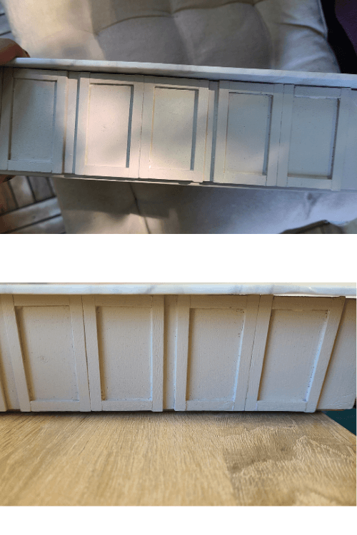 Sherwin Williams High Sierra on miniature kitchen cabinets
