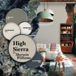 Color Palette for Sherwin Williams High Sierra over a background of the color on a wall in the living room.
