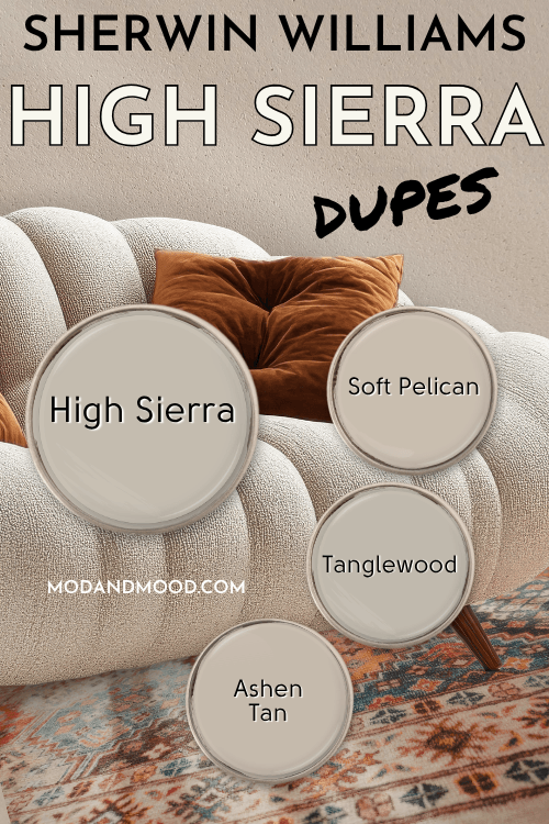 Sherwin Williams High Sierra swatched over the color in a living room with an overstuffed couch and swatches around of dupes Soft Pelican, Tanglewood, Ashen Tan